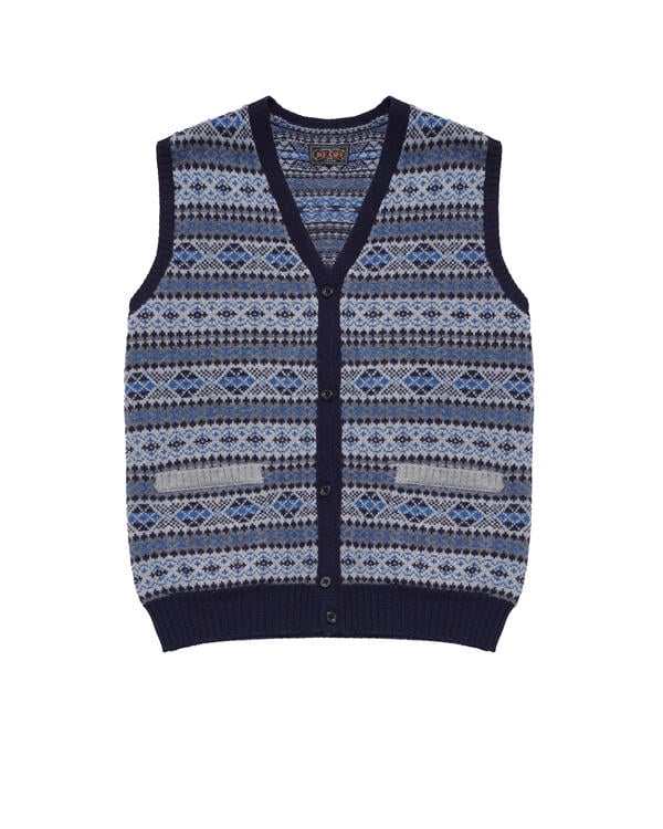 Beams+ Button Knit Vest Indigo Fair Isle | 3805002615615 | AFEW STORE